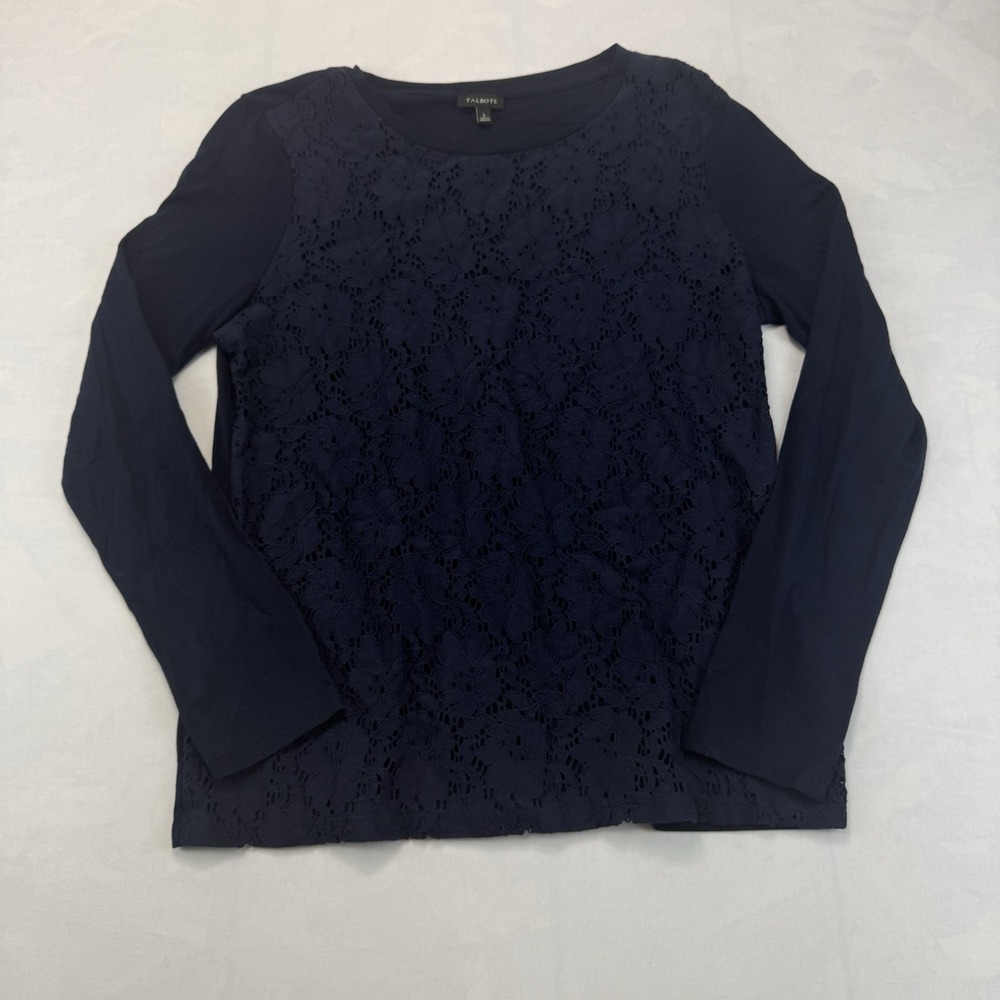 Talbots Women's Large Navy Blue Floral Lace Front Long Sleeve Cotton Modal Top